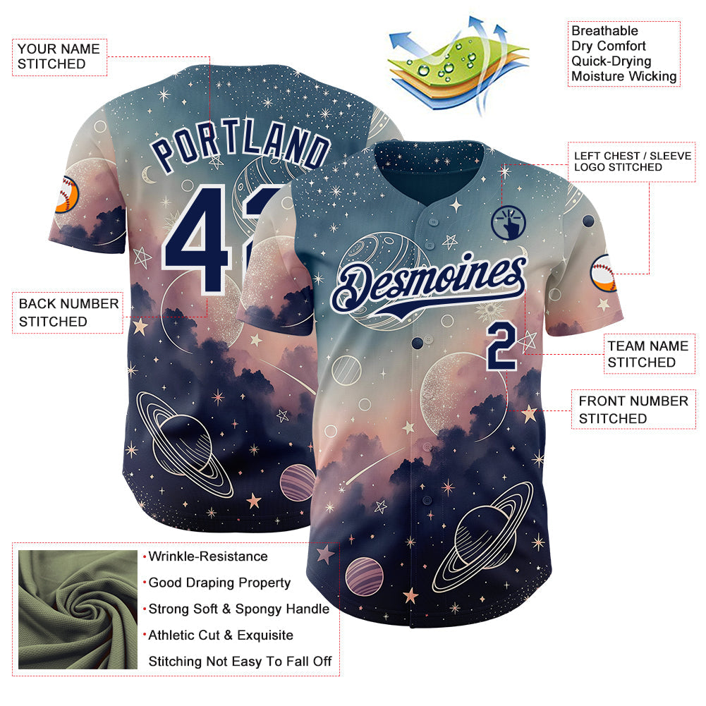 Custom Blue Navy Light Pink-White Galaxy Star Nebula Authentic Baseball Jersey