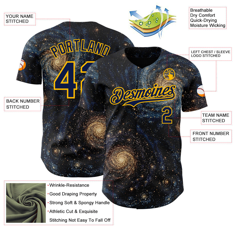 Custom Black Navy-Gold Galaxy Star Authentic Baseball Jersey