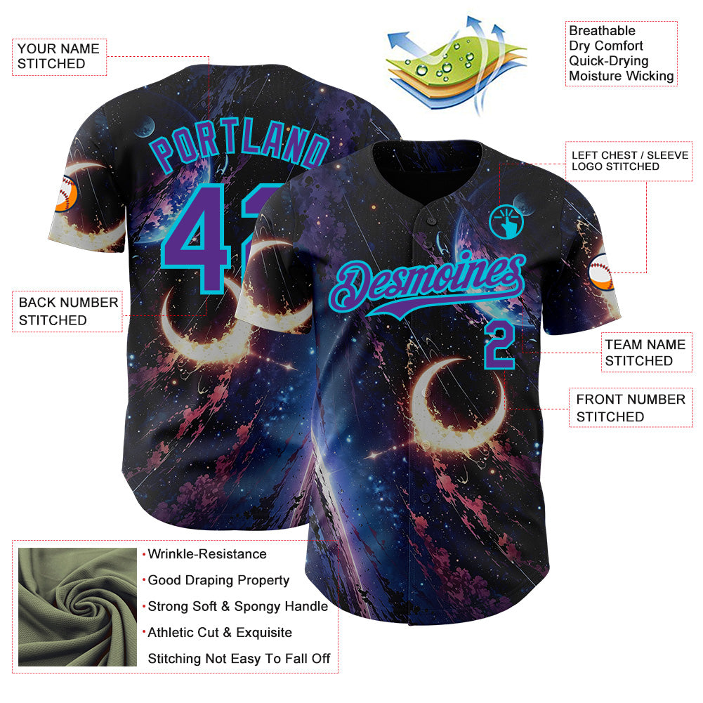 Custom Black Purple-Lakes Blue Galaxy Star Moon Nebula Authentic Baseball Jersey