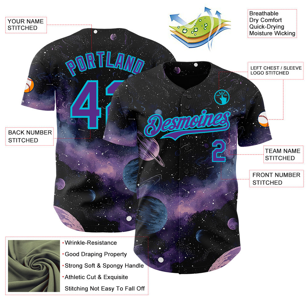 Custom Black Purple-Lakes Blue Galaxy Star Nebula Authentic Baseball Jersey