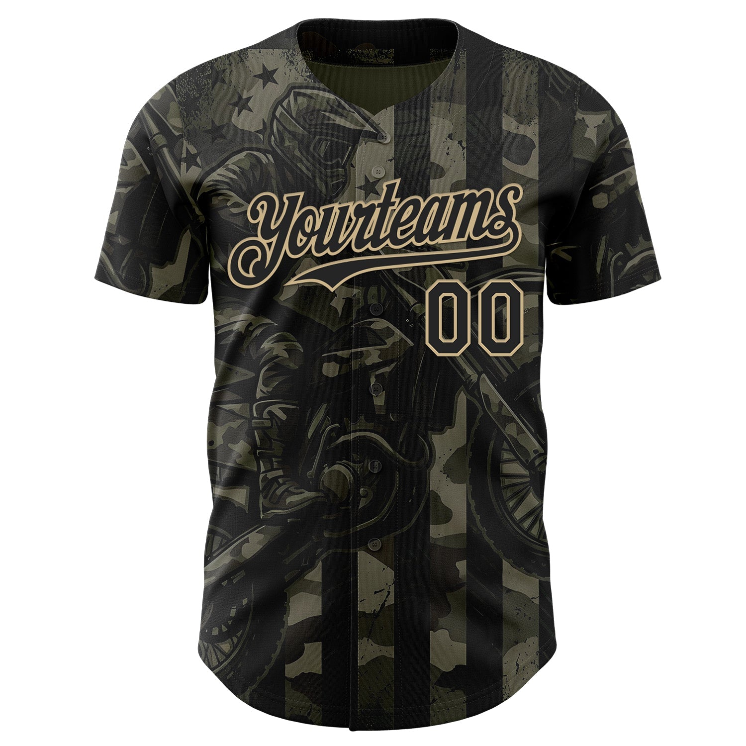 Custom Camo Black-Vegas Gold 3D Pattern Design Motorcycle Motocross Authentic Baseball Jersey
