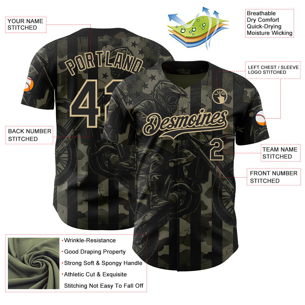 Custom Camo Black-Vegas Gold 3D Pattern Design Motorcycle Motocross Authentic Baseball Jersey