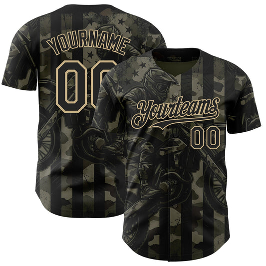 Custom Camo Black-Vegas Gold 3D Pattern Design Motorcycle Motocross Authentic Baseball Jersey