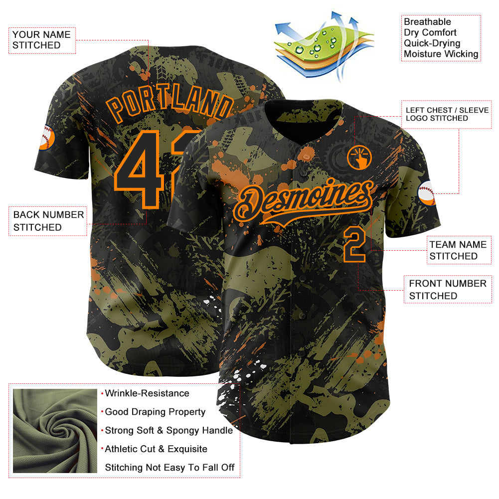 Custom Black Olive-Bay Orange 3D Pattern Design Motorcycle Motocross Splash Authentic Baseball Jersey