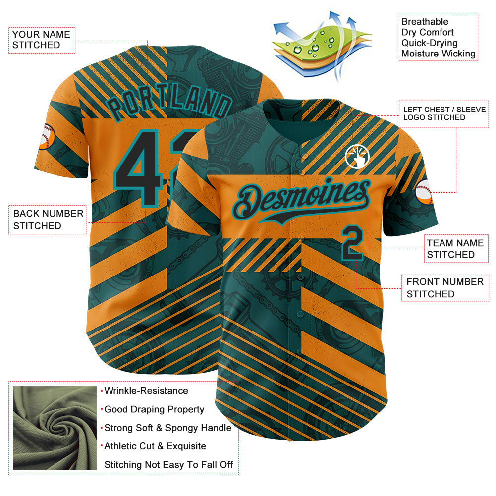 Custom Teal Black-Orange 3D Pattern Design Motorcycle Motocross Stripe Authentic Baseball Jersey