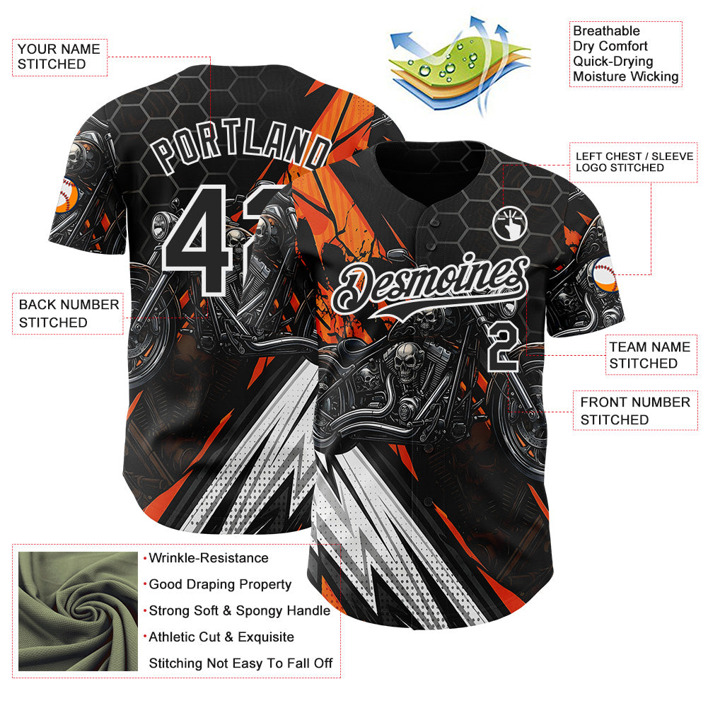 Custom Black Orange Gray-White 3D Pattern Design Motorcycle Motocross Skull Authentic Baseball Jersey