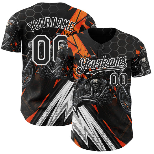 Custom Black Orange Gray-White 3D Pattern Design Motorcycle Motocross Skull Authentic Baseball Jersey