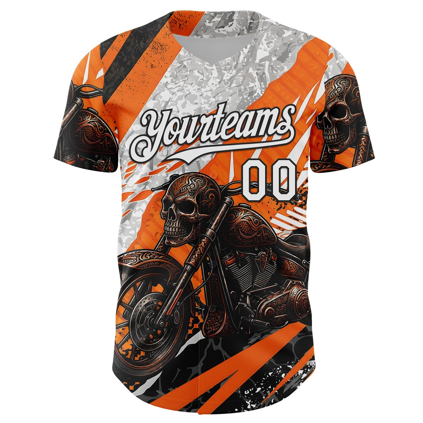 Custom Orange White Gray-Black 3D Pattern Design Motorcycle Motocross Skull Authentic Baseball Jersey