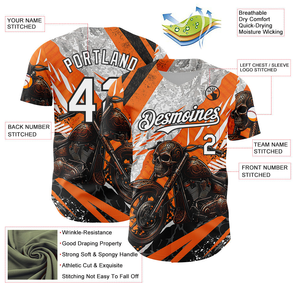 Custom Orange White Gray-Black 3D Pattern Design Motorcycle Motocross Skull Authentic Baseball Jersey