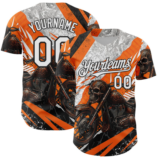 Custom Orange White Gray-Black 3D Pattern Design Motorcycle Motocross Skull Authentic Baseball Jersey