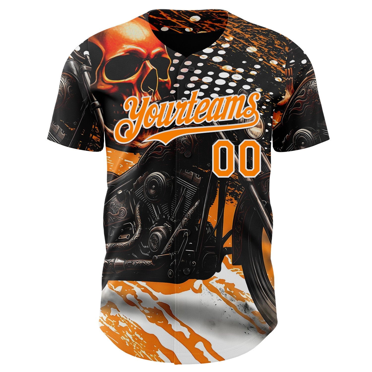 Custom Black Bay Orange Orange-White 3D Pattern Design Motorcycle Motocross Skull Authentic Baseball Jersey