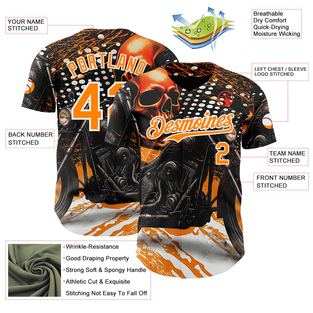 Custom Black Bay Orange Orange-White 3D Pattern Design Motorcycle Motocross Skull Authentic Baseball Jersey