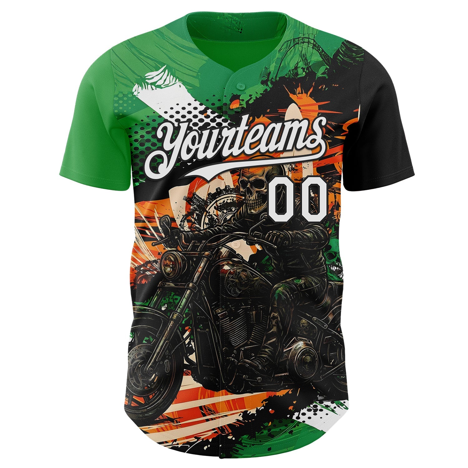 Custom Green White Orange Cream-Black 3D Pattern Design Motorcycle Motocross Skull Authentic Baseball Jersey