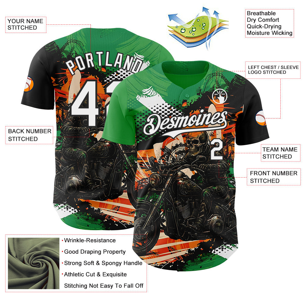 Custom Green White Orange Cream-Black 3D Pattern Design Motorcycle Motocross Skull Authentic Baseball Jersey