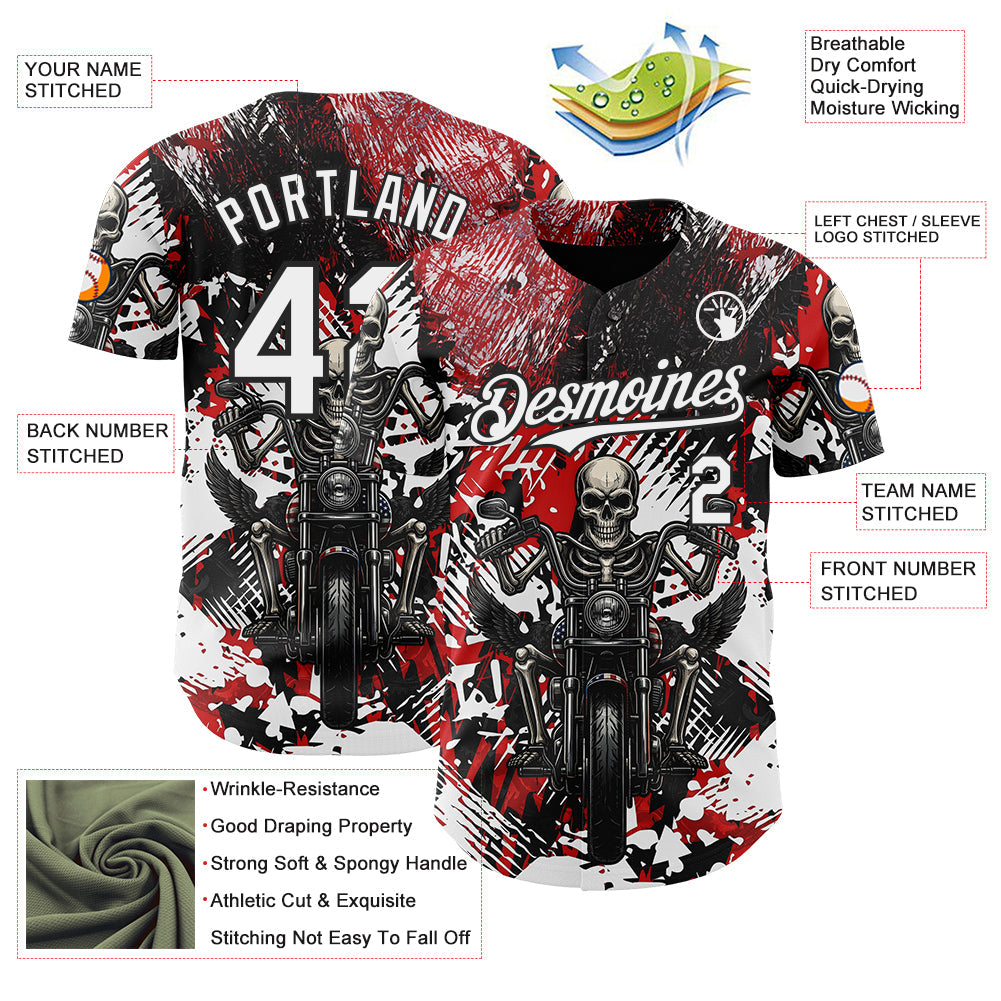 Custom Red White-Black 3D Pattern Design Motorcycle Motocross Skull Authentic Baseball Jersey