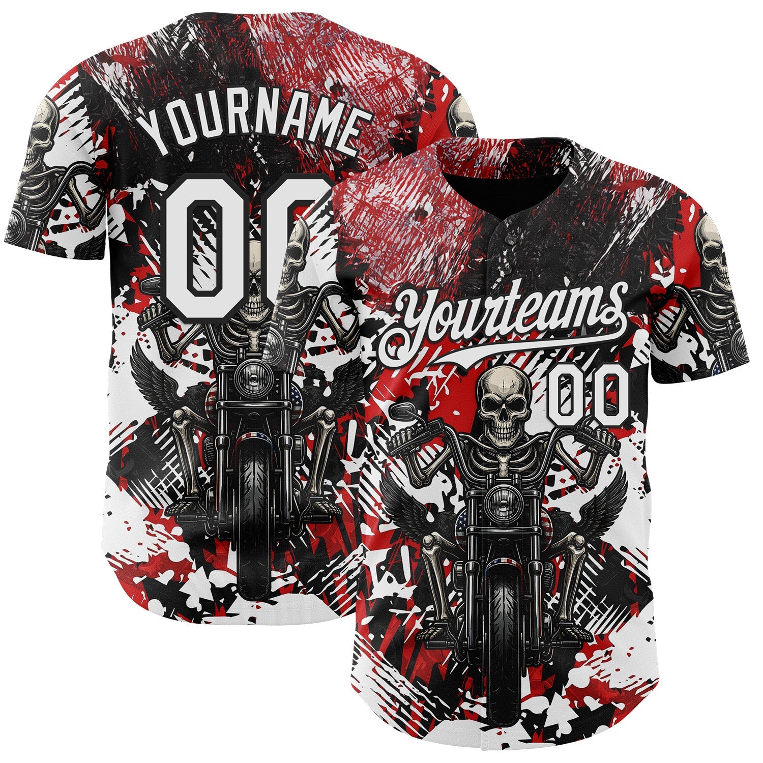Custom Red White-Black 3D Pattern Design Motorcycle Motocross Skull Authentic Baseball Jersey