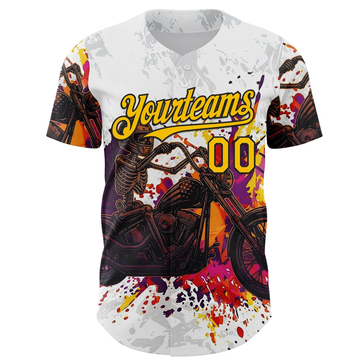 Custom White Yellow-Black 3D Pattern Design Motorcycle Motocross Skull Authentic Baseball Jersey