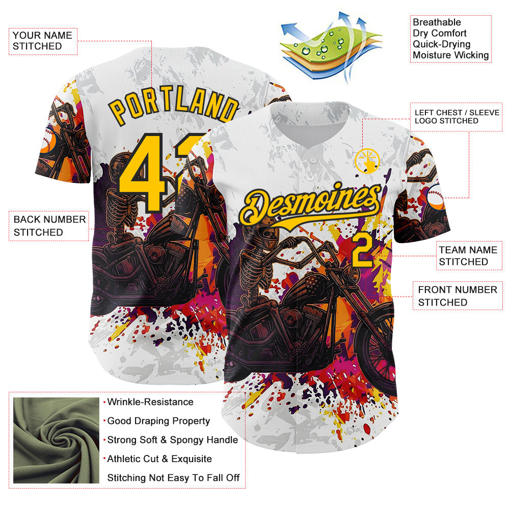 Custom White Yellow-Black 3D Pattern Design Motorcycle Motocross Skull Authentic Baseball Jersey