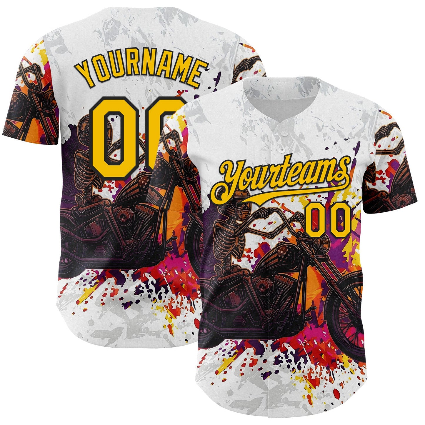 Custom White Yellow-Black 3D Pattern Design Motorcycle Motocross Skull Authentic Baseball Jersey