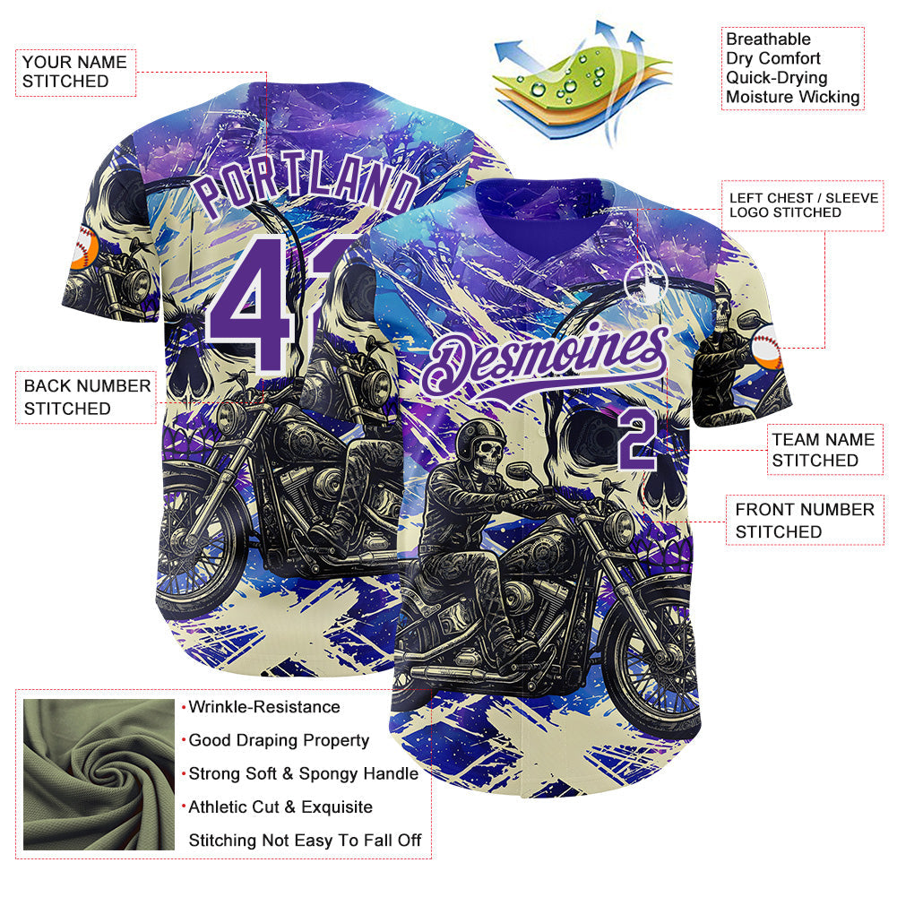 Custom Purple Cream-White 3D Pattern Design Motorcycle Motocross Skull Authentic Baseball Jersey