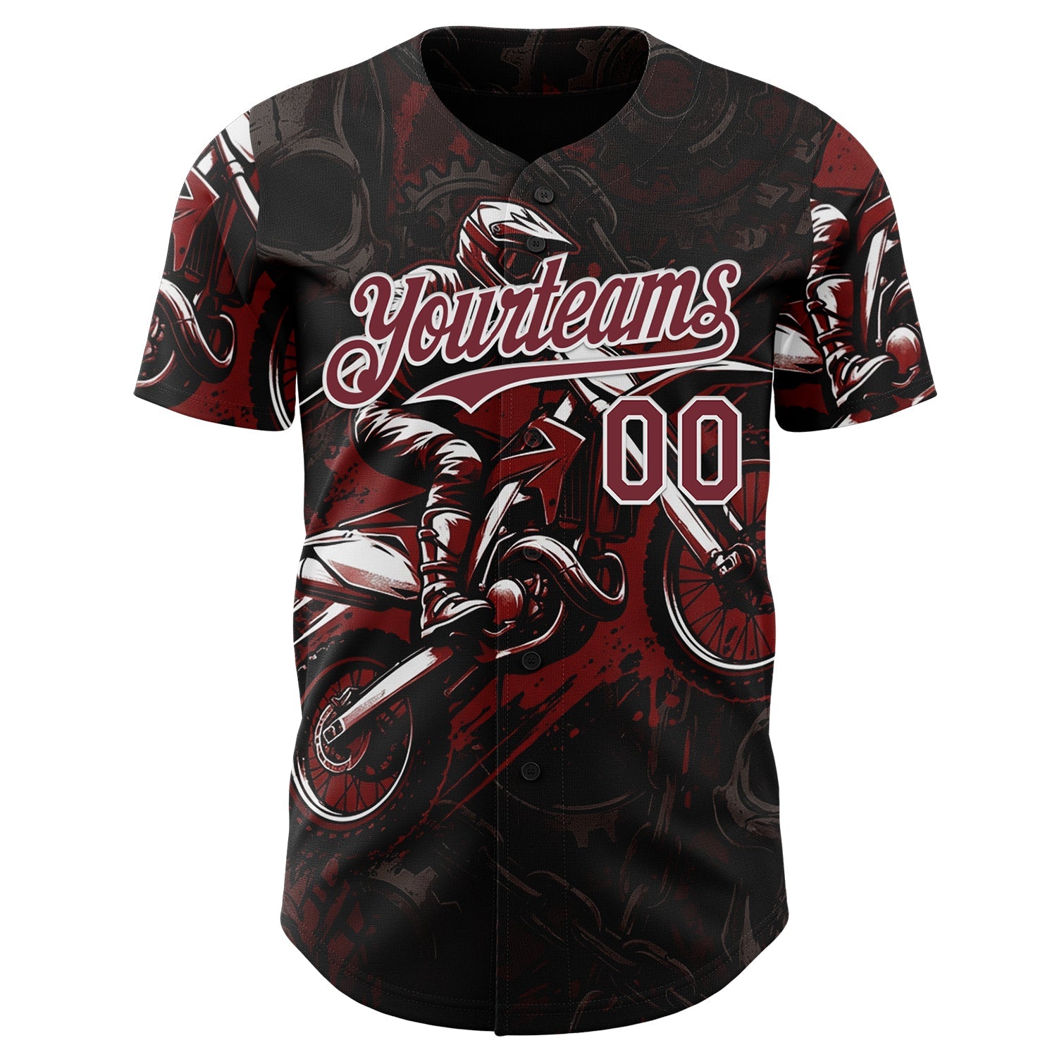 Custom Black Burgundy-White 3D Pattern Design Motorcycle Motocross Authentic Baseball Jersey