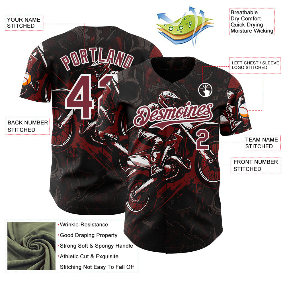 Custom Black Burgundy-White 3D Pattern Design Motorcycle Motocross Authentic Baseball Jersey