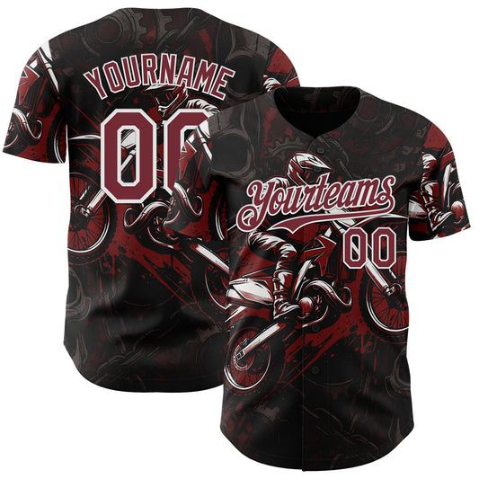 Custom Black Burgundy-White 3D Pattern Design Motorcycle Motocross Authentic Baseball Jersey