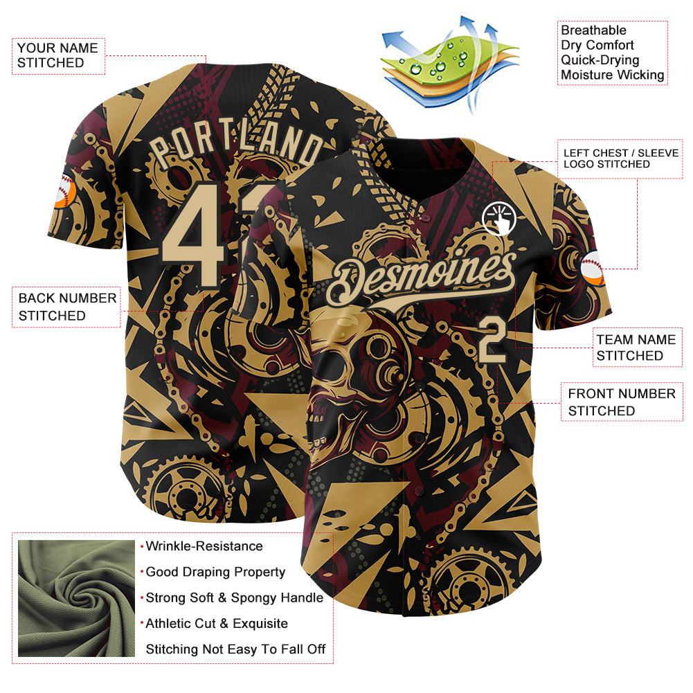 Custom Black Vegas Gold Old Gold-Red 3D Pattern Design Motorcycle Motocross Skull Authentic Baseball Jersey