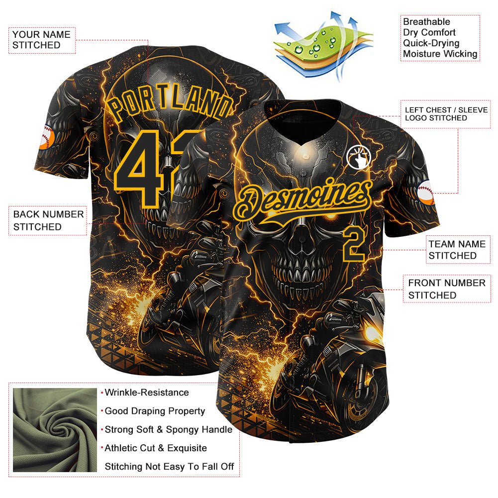 Custom Black-Gold 3D Pattern Design Motorcycle Motocross Skull Authentic Baseball Jersey