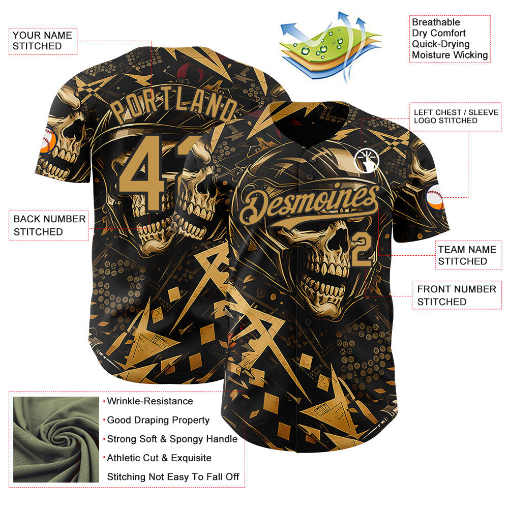 Custom Black-Old Gold 3D Pattern Design Motorcycle Motocross Skull Authentic Baseball Jersey
