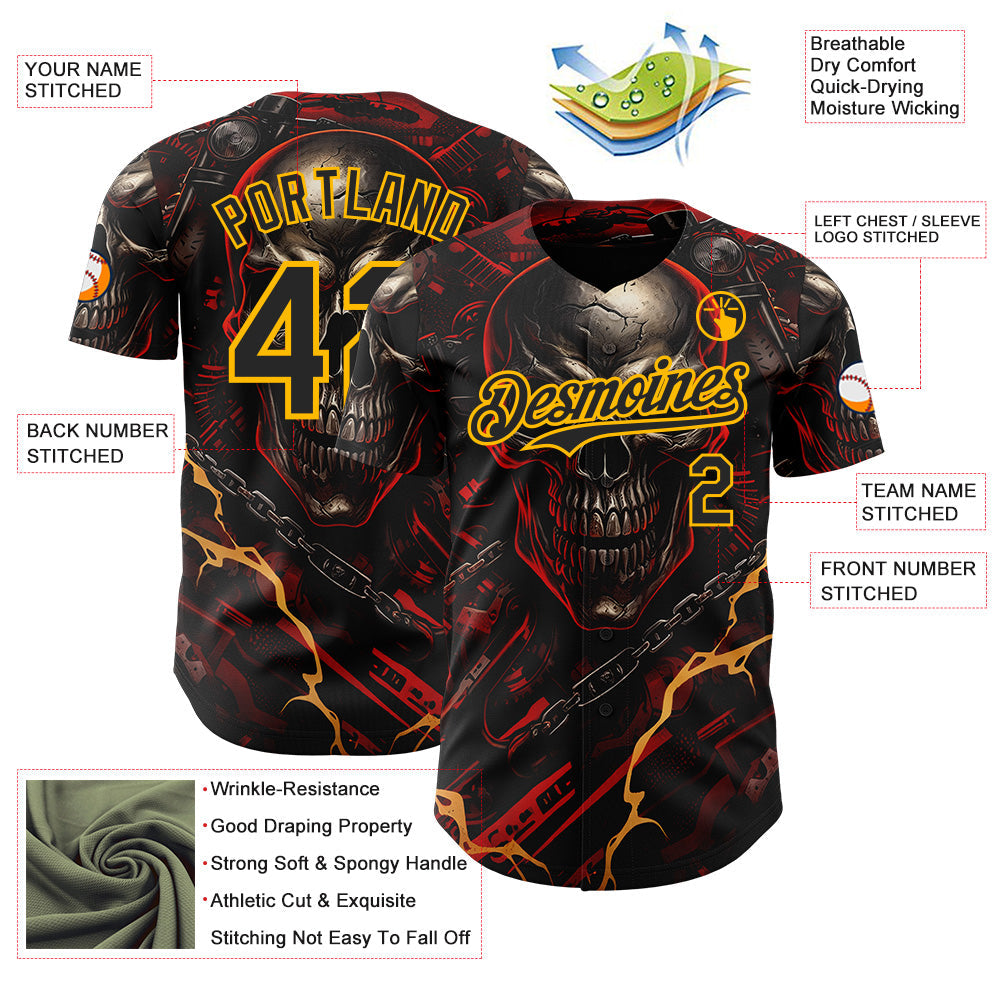 Custom Black Red-Gold 3D Pattern Design Motorcycle Motocross Skull Authentic Baseball Jersey
