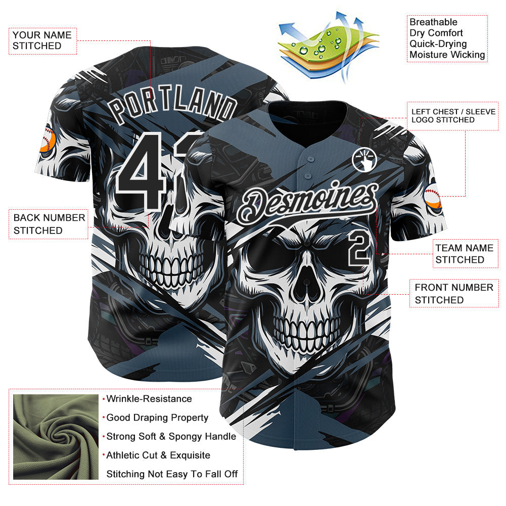 Custom Black Blue-White 3D Pattern Design Motorcycle Motocross Skull Authentic Baseball Jersey