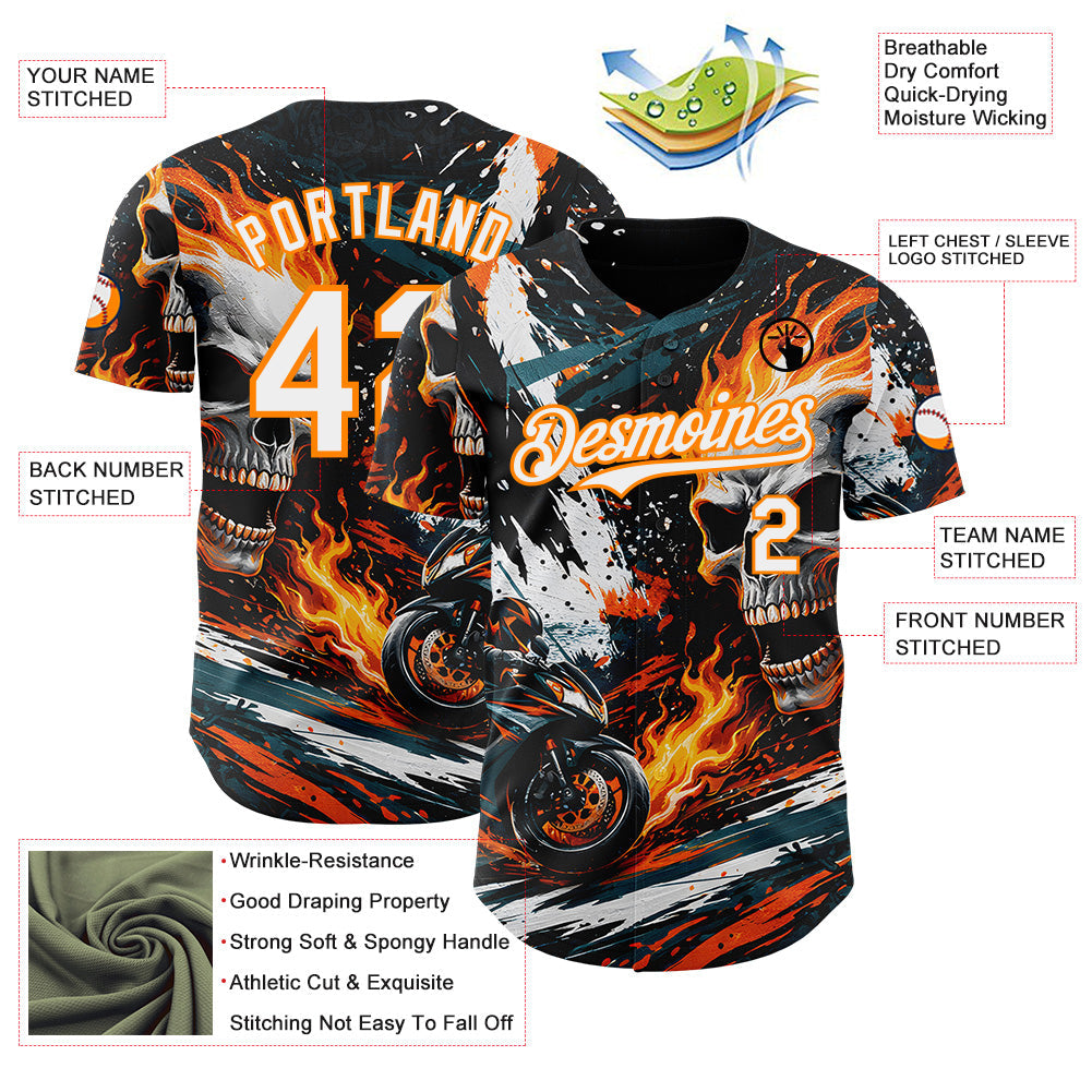 Custom Black White Red-Bay Orange 3D Pattern Design Motorcycle Motocross Skull Flame Authentic Baseball Jersey