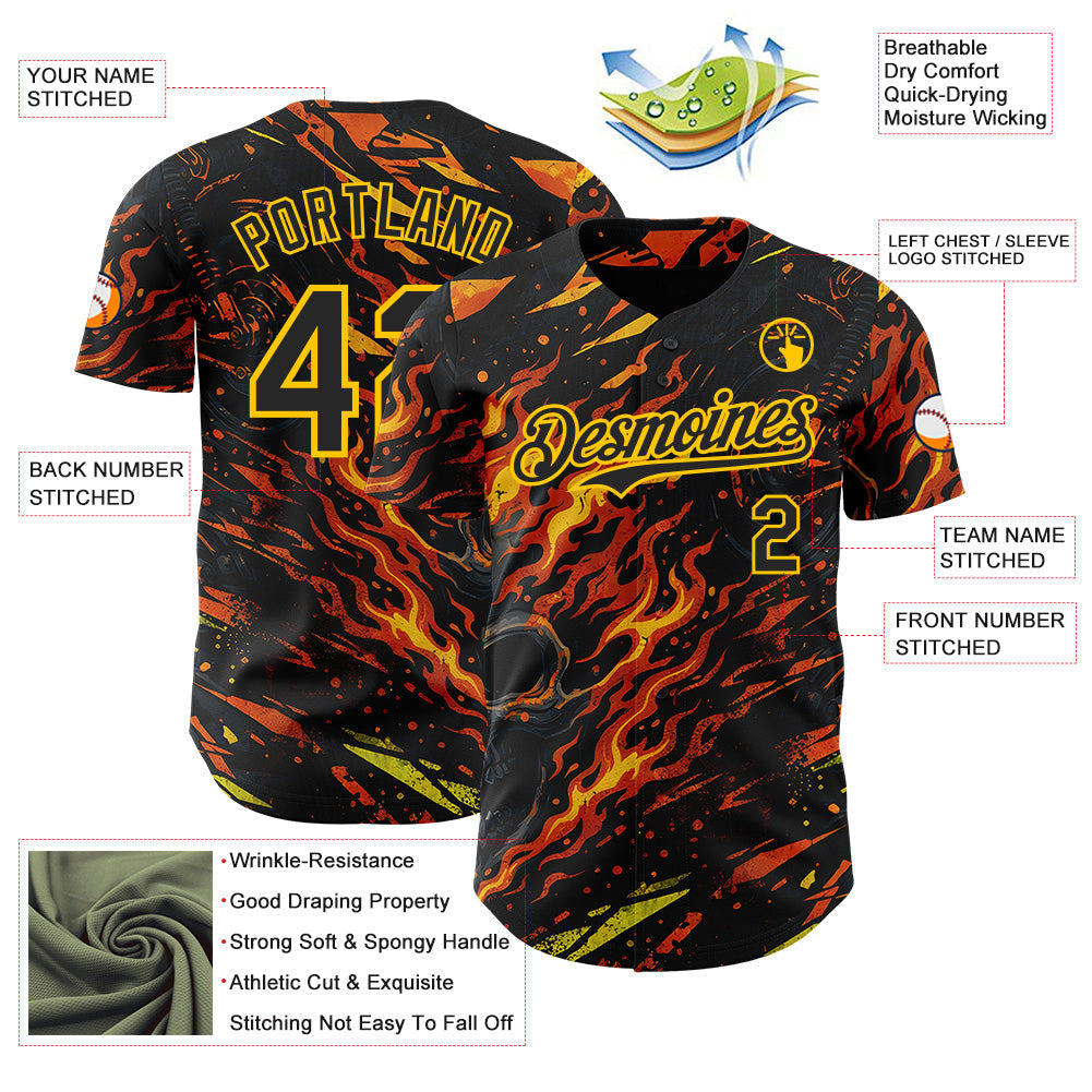 Custom Black Red-Yellow 3D Pattern Design Motorcycle Motocross Skull Flame Authentic Baseball Jersey