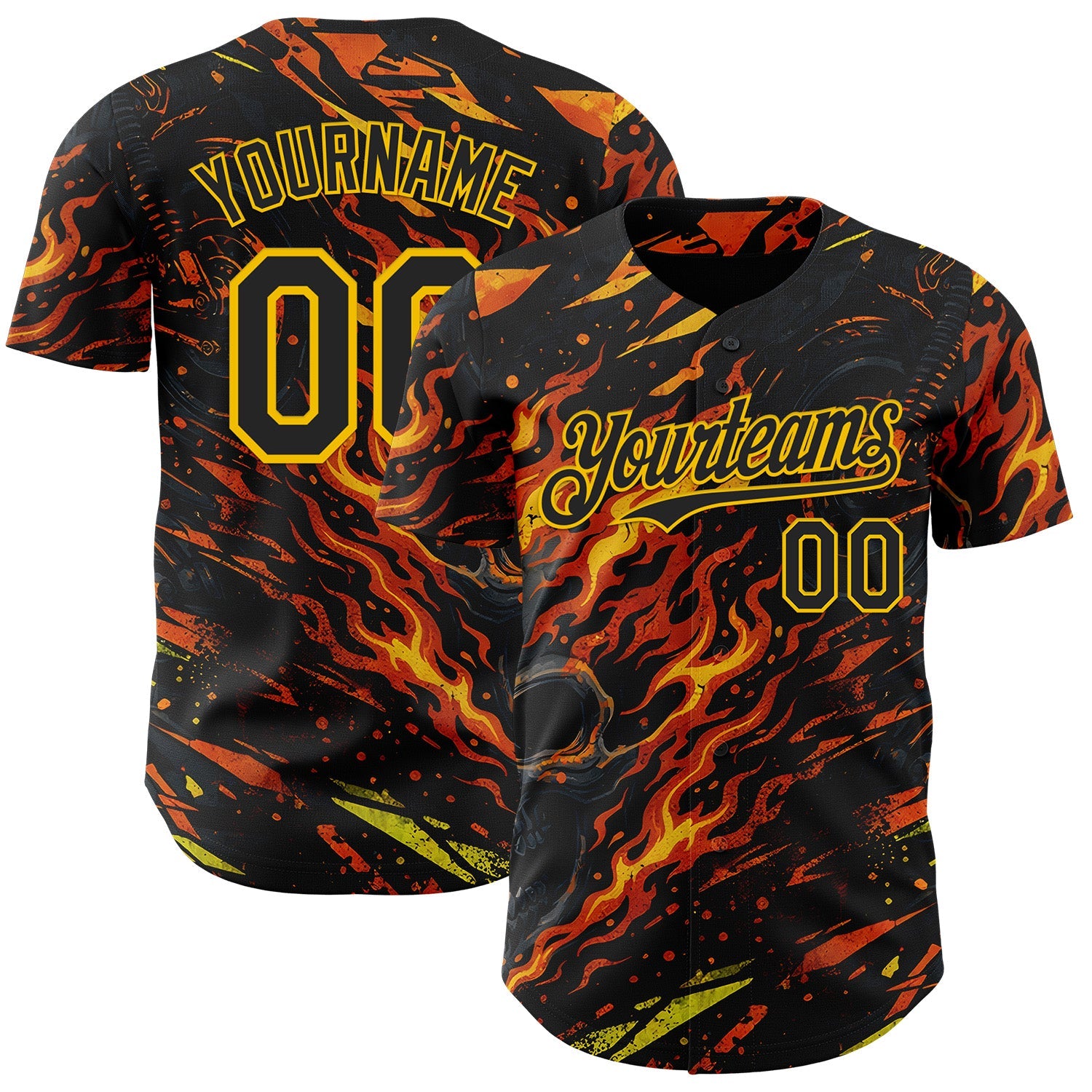 Custom Black Red-Yellow 3D Pattern Design Motorcycle Motocross Skull Flame Authentic Baseball Jersey