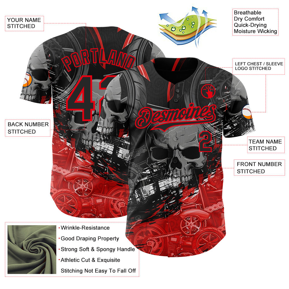 Custom Black-Fire Red 3D Pattern Design Motorcycle Motocross Skull Authentic Baseball Jersey