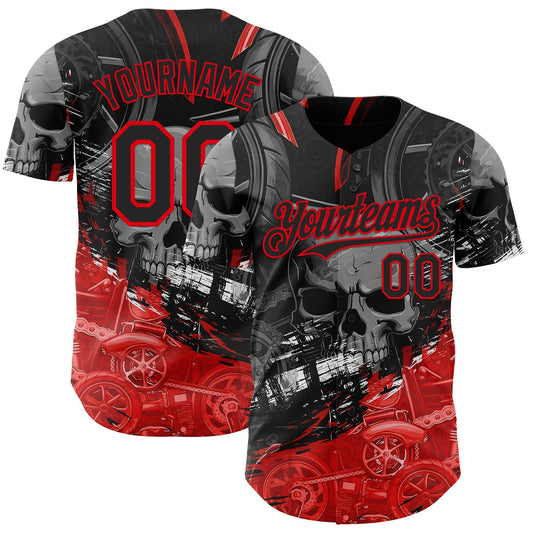 Custom Black-Fire Red 3D Pattern Design Motorcycle Motocross Skull Authentic Baseball Jersey
