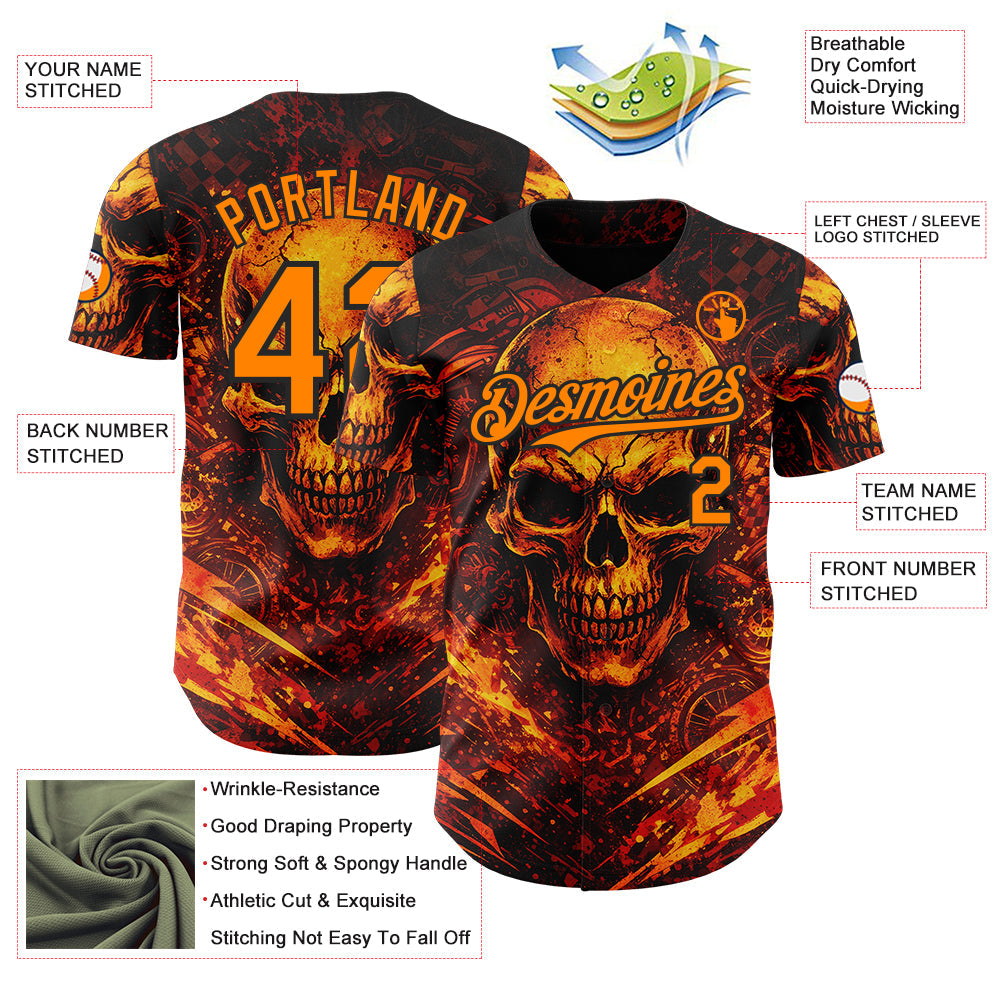 Custom Black-Bay Orange 3D Pattern Design Motorcycle Motocross Skull Flame Authentic Baseball Jersey
