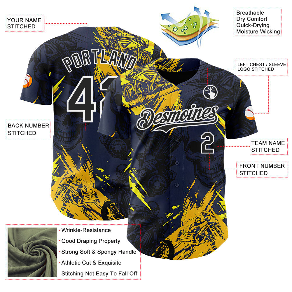 Custom Navy Black Yellow-White 3D Pattern Design Motorcycle Motocross Skull Authentic Baseball Jersey