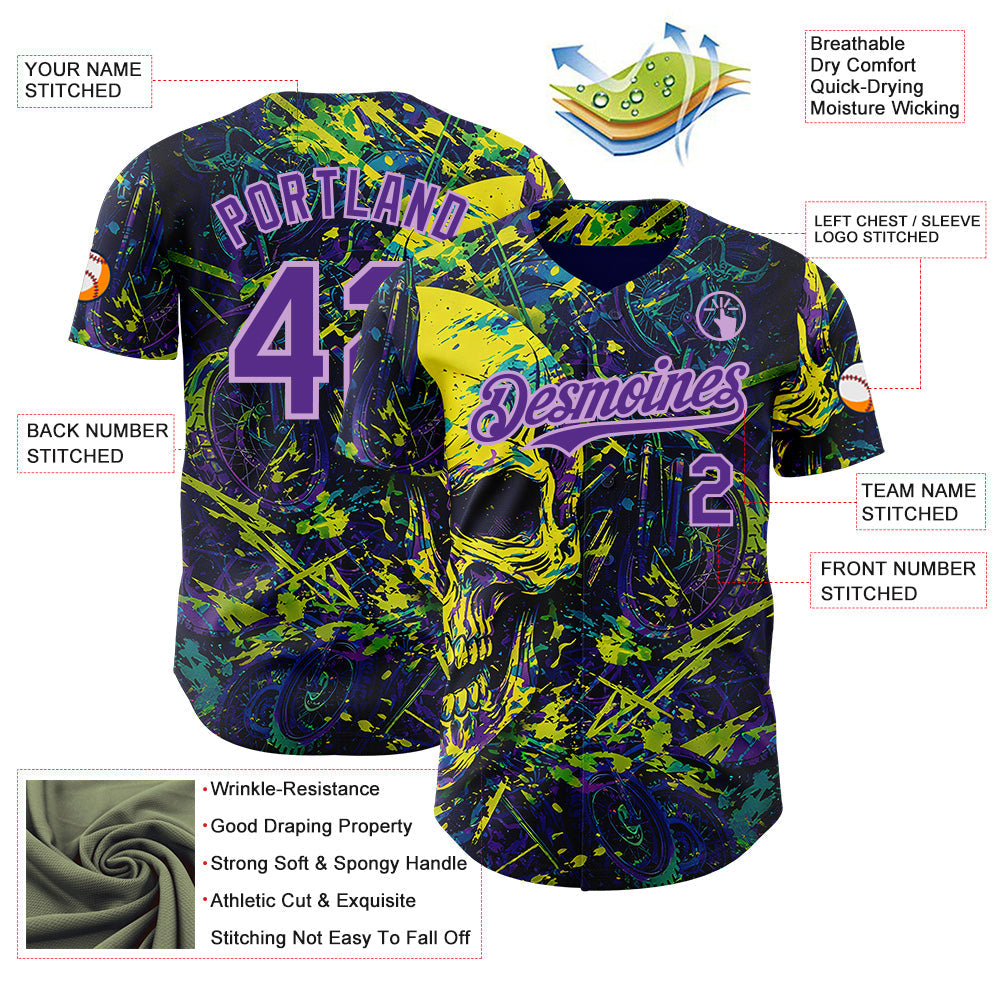 Custom Blue Purple Yellow-Light Purple 3D Pattern Design Motorcycle Motocross Skull Authentic Baseball Jersey