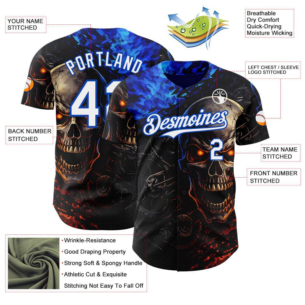 Custom Black White-Thunder Blue 3D Pattern Design Motorcycle Motocross Skull Authentic Baseball Jersey
