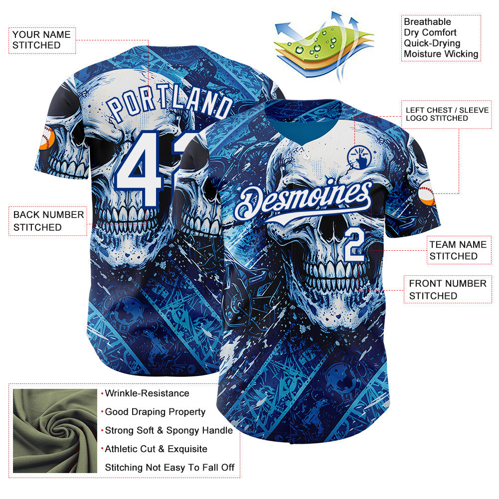 Custom Blue White-Royal 3D Pattern Design Motorcycle Motocross Skull Authentic Baseball Jersey