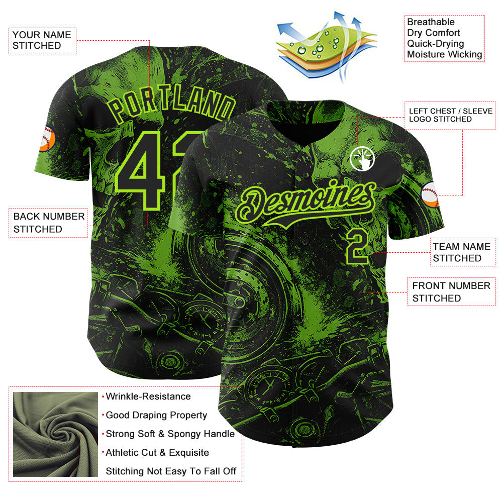 Custom Black-Neon Green 3D Pattern Design Motorcycle Motocross Skull Authentic Baseball Jersey