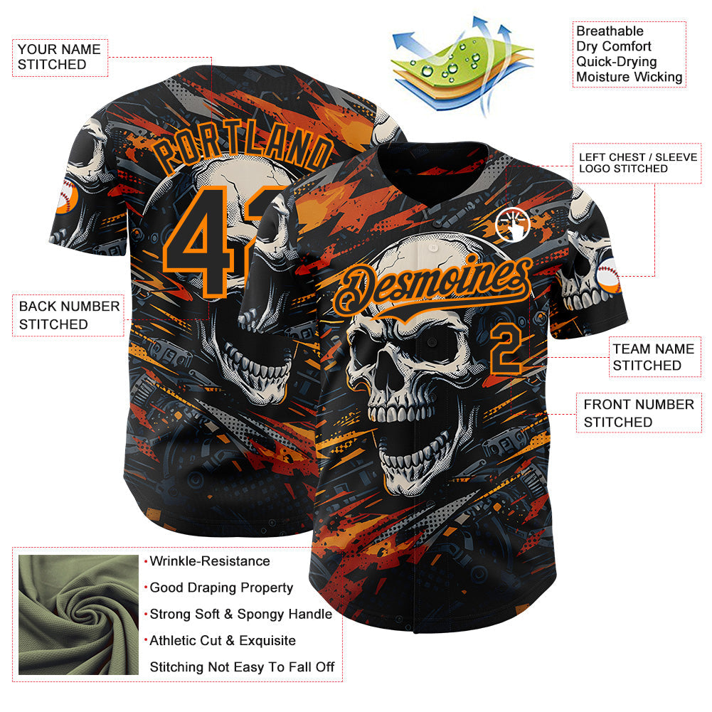 Custom Black-Bay Orange 3D Pattern Design Motorcycle Motocross Skull Authentic Baseball Jersey