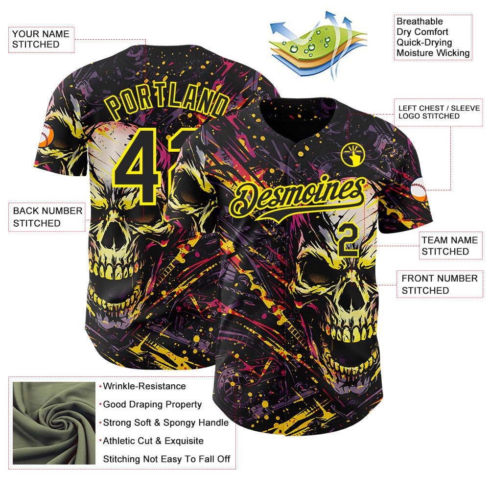 Custom Black-Light Yellow 3D Pattern Design Motorcycle Motocross Skull Authentic Baseball Jersey
