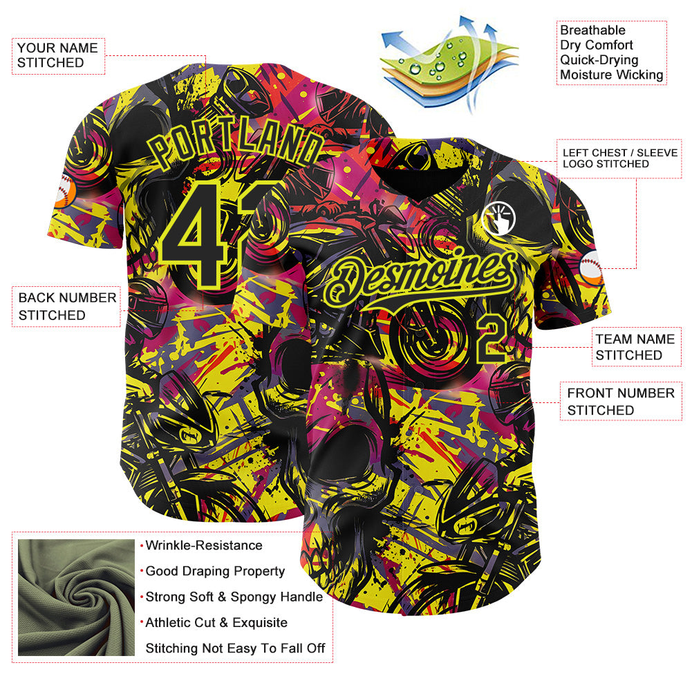 Custom Black Red-Neon Yellow 3D Pattern Design Motorcycle Motocross Authentic Baseball Jersey