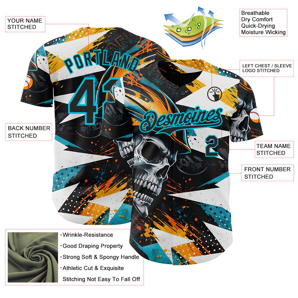 Custom Black Yellow-Lakes Blue 3D Pattern Design Motorcycle Motocross Skull Authentic Baseball Jersey