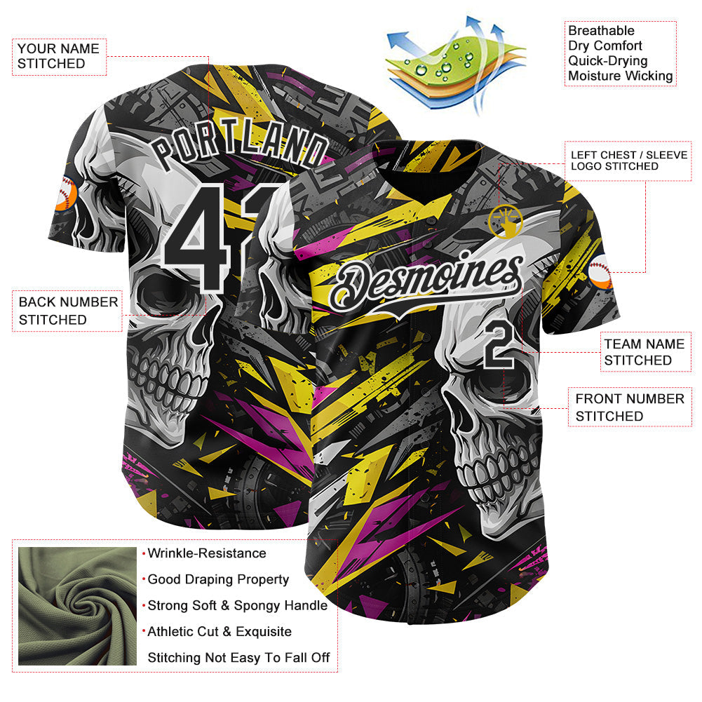 Custom Black Yellow Deep Pink-White 3D Pattern Design Motorcycle Motocross Skull Authentic Baseball Jersey