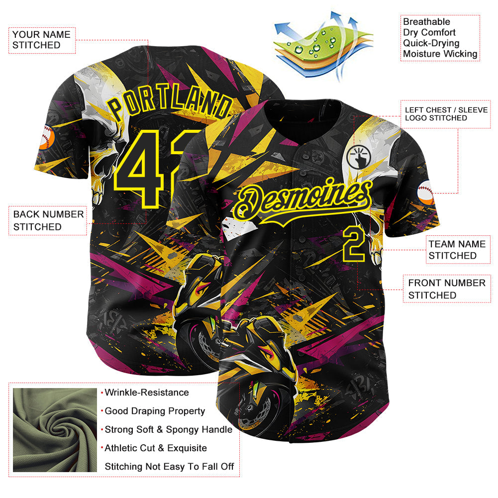 Custom Black Deep Pink-Light Yellow 3D Pattern Design Motorcycle Motocross Skull Authentic Baseball Jersey