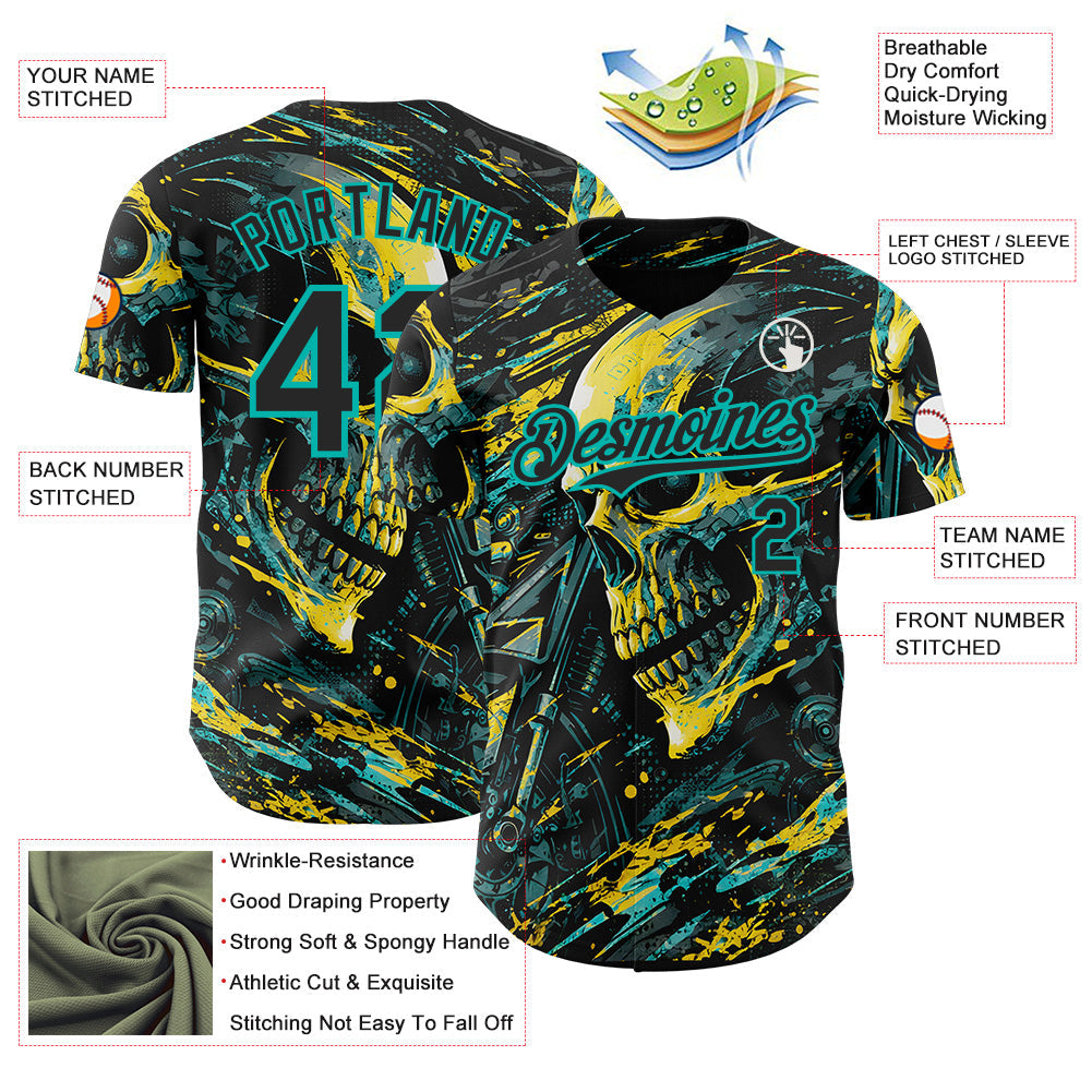 Custom Black Yellow-Aqua 3D Pattern Design Motorcycle Motocross Skull Authentic Baseball Jersey